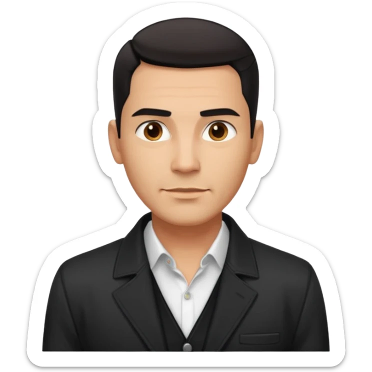 Attractive Hispanic TV host in his mid to late 40s with light brown skin, short straight black hair slicked back with fade on sides, square handsome face with strong jawline, friendly approachable expression, wearing open black jacket revealing white buttoned shirt underneath sticker