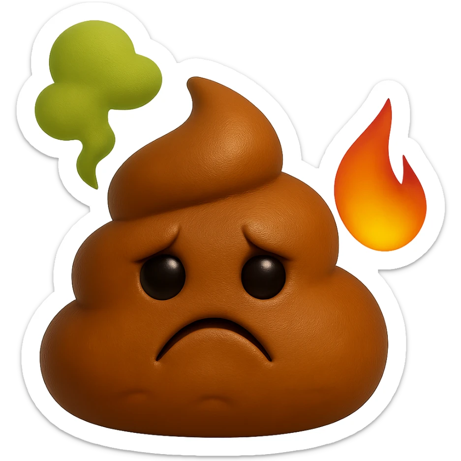 emoji stile iphone feci tristi realistiche 3d con nuvoletta verde che esce simboleggiando puzza e con accanto una fiamma 4k
 sticker