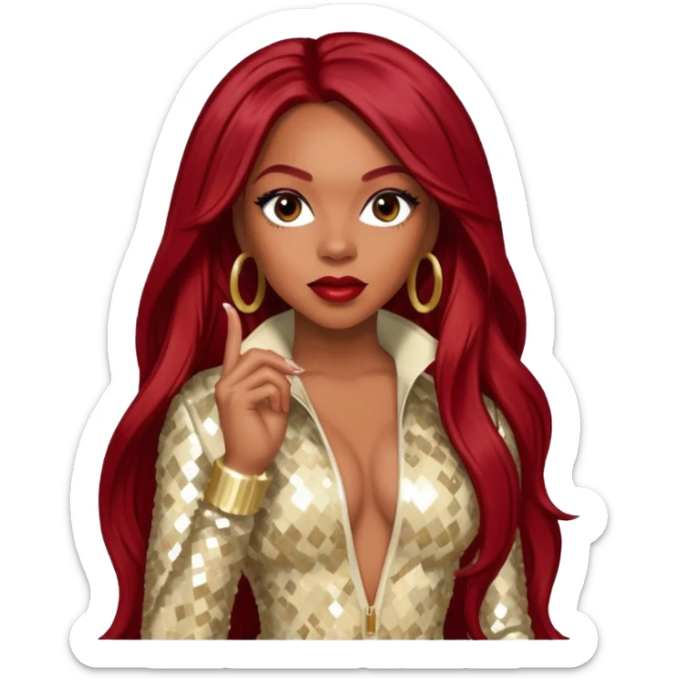 LaTavia Robeson from Destiny's Child with long dark red hair, cream sequin outfit sticker