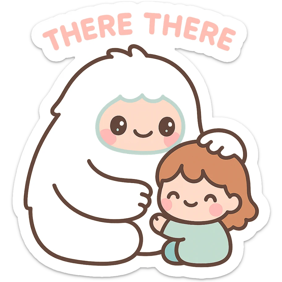 abominable snowman comforting a child, with the words 'there there', kawaii style, suitable for YouTube sticker