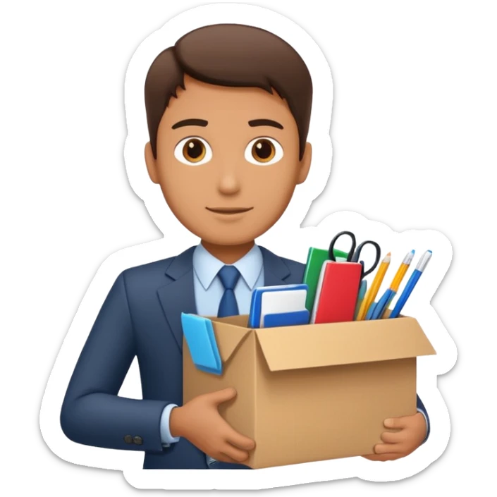 I want an emoji that represents moving out of the office. It's like a businessman with a cardboard box with box office utilities inside of the box. sticker
