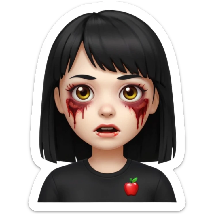 A zombie girl in Apple Memoji format with long, straight black hair with bangs, wearing a black shirt. sticker