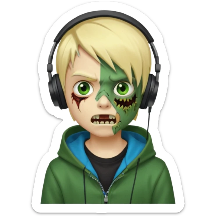 boy zombie whit blonde emo hair and eyes blue and GREEN SKIN and heandphones black AND A MICROFONE AND GOLD TEETH and agesive face and the hoodie black  sticker