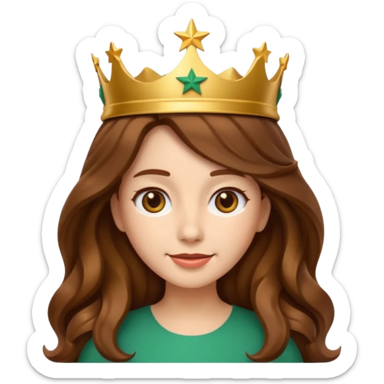 Apple style 3D emoji of a young woman inspired by the Starbucks logo. She has long wavy hair on both sides, a crown with a star on her head, and a soft smile. Smooth, shiny, simple emoji look. sticker