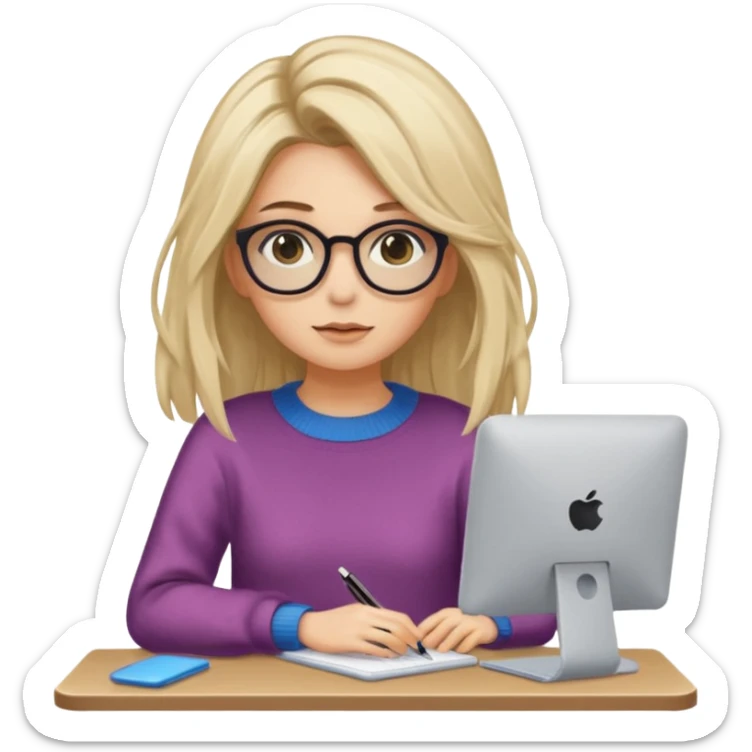 ragazza bionda con capelli molto lunghi, con occhiali tartarugati, occhi azzurri, con maglione beige, seduti alla scrivania che lavora al pc sticker