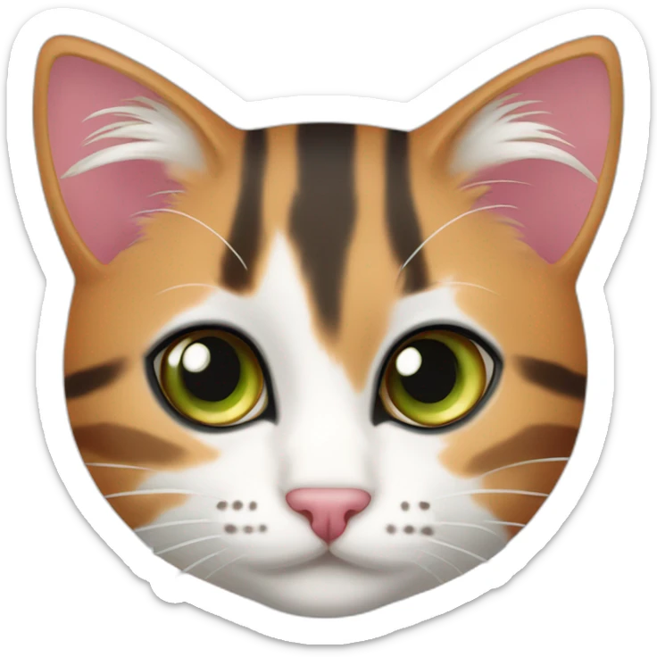young striped calico cat face with a pink nose, white chin, green eyes, and orange/brown markings sticker