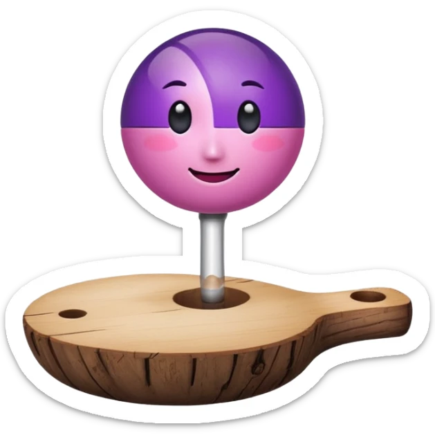 A half pink half purple ball with a face wooden stem followed by a glass stem on top of the wood stem tilted 90 degrees sticker