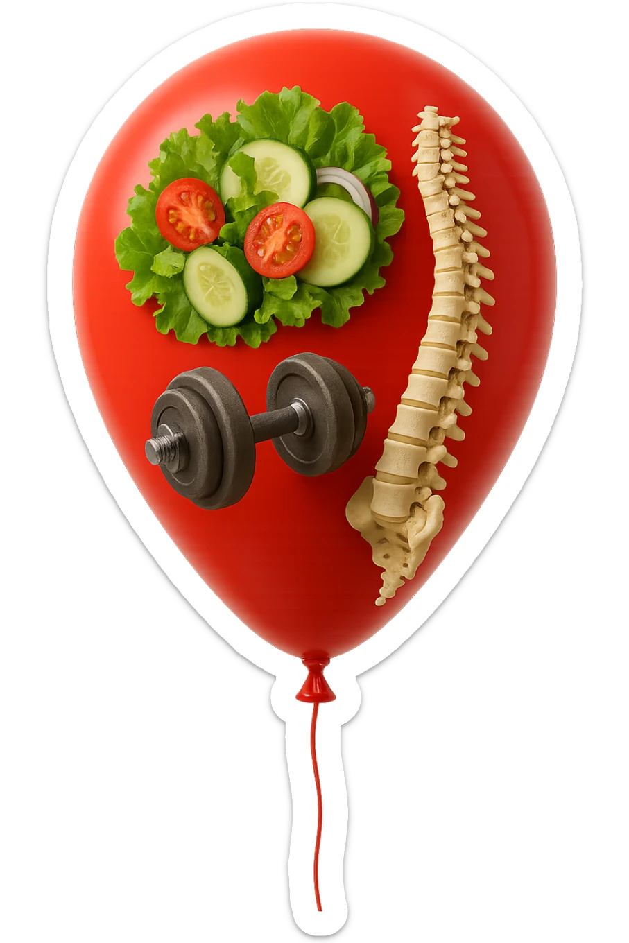 palloncino rosso con all'interno insalata, manubri da palestra e una spina dorsale anatomica realistica in 3d, isolato su sfondo bianco sticker