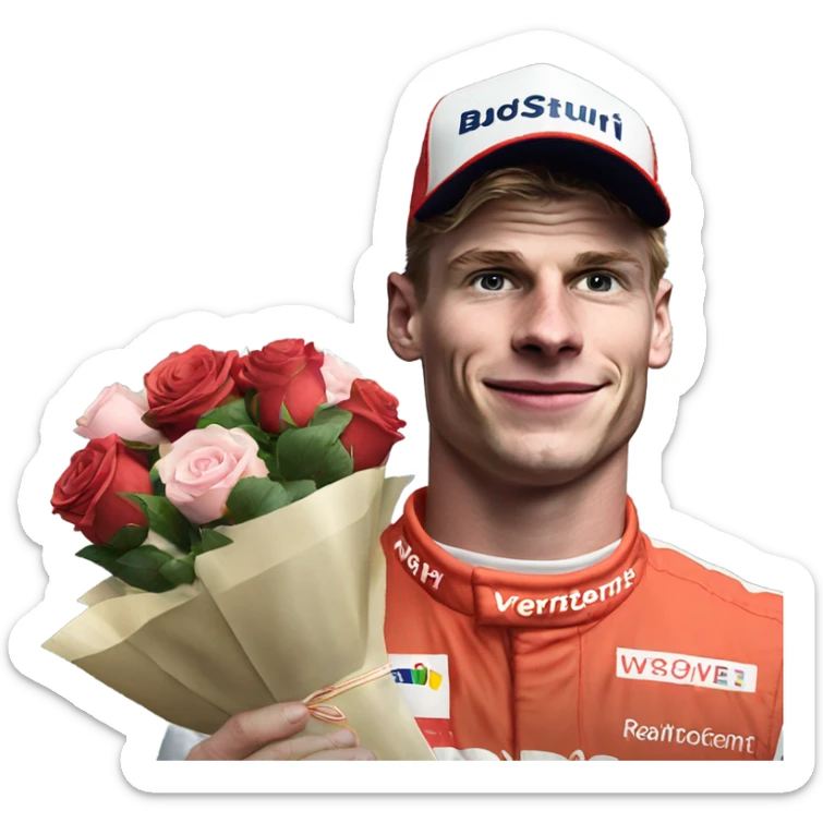 realistic photo of max verstappen holding roses and chocolates sticker