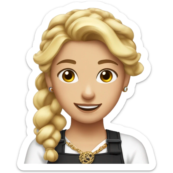 Waitress with white shirt and black apron, curly blonde hair in a pony tail, hazel eyes, lots of bohemian jewelry and bracelets  sticker