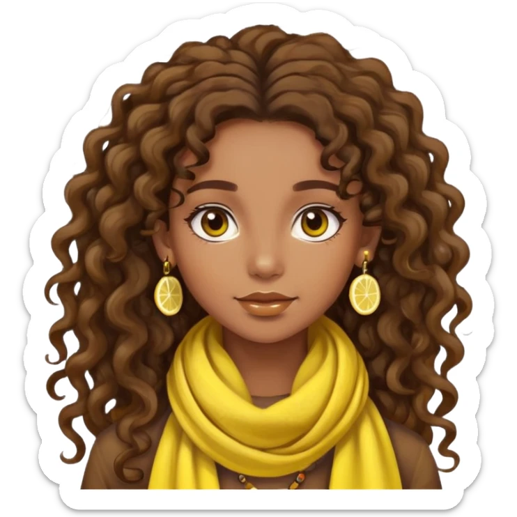 bohemian style girl, brown skin, long brown curly hair tied high, lemon yellow scarf, round earrings sticker