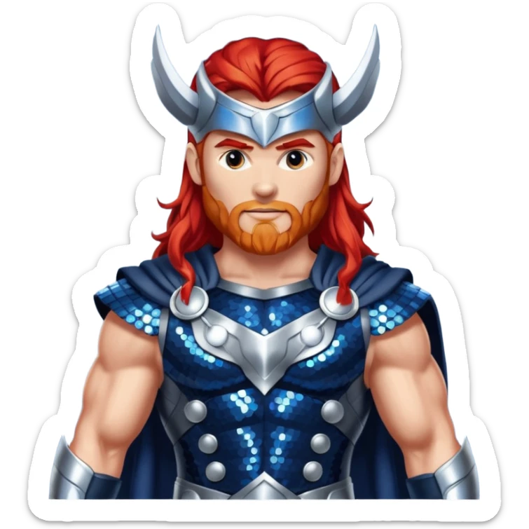 Thor, God of Thunder from Gods and Goddesses with long red hair, dark blue and silver sequin outfit sticker