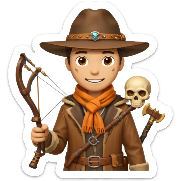 male human monster hunter emoji, wearing brown leather coat and wide hat, holding crossbow, with amulet shaped like skull, Halloween fantasy theme, confident smile, orange scarf, Apple emoji style, clean white background, square image sticker