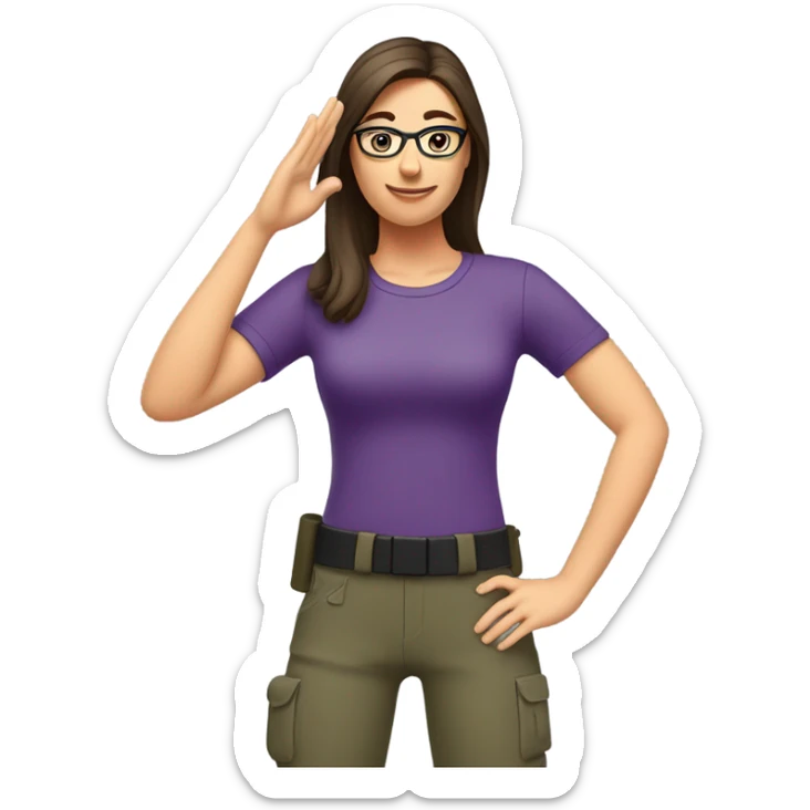 a caucasian brunette female, wearing a purple t-shirt and glasses, making the military salute gesture with one hand next to her head and the other one on her waist sticker