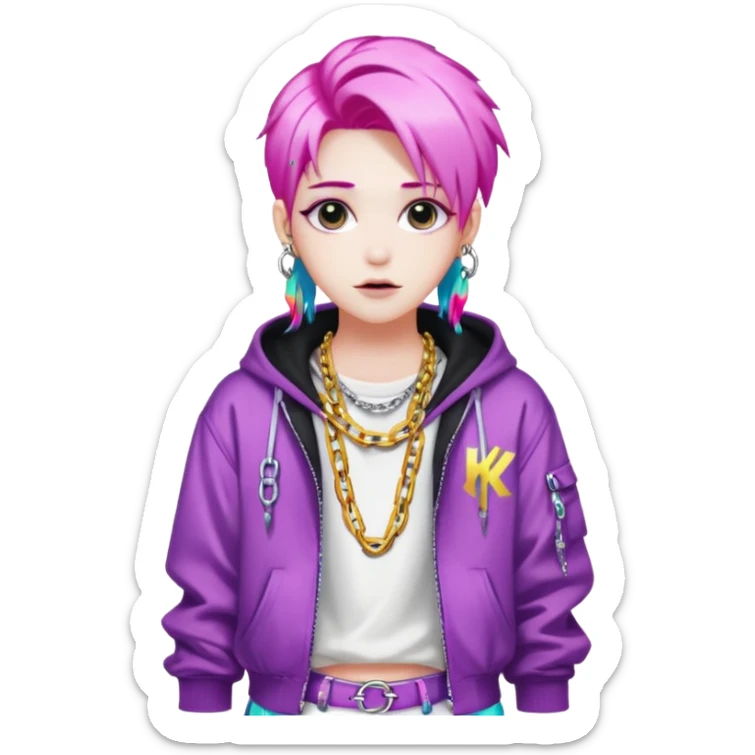  ghost-portrait-of-in-kpop-style,-wearing-flashy-streetwear-outfit,-colorful-dyed-hair,-confident-pose,-accessorized-with-chains- sticker