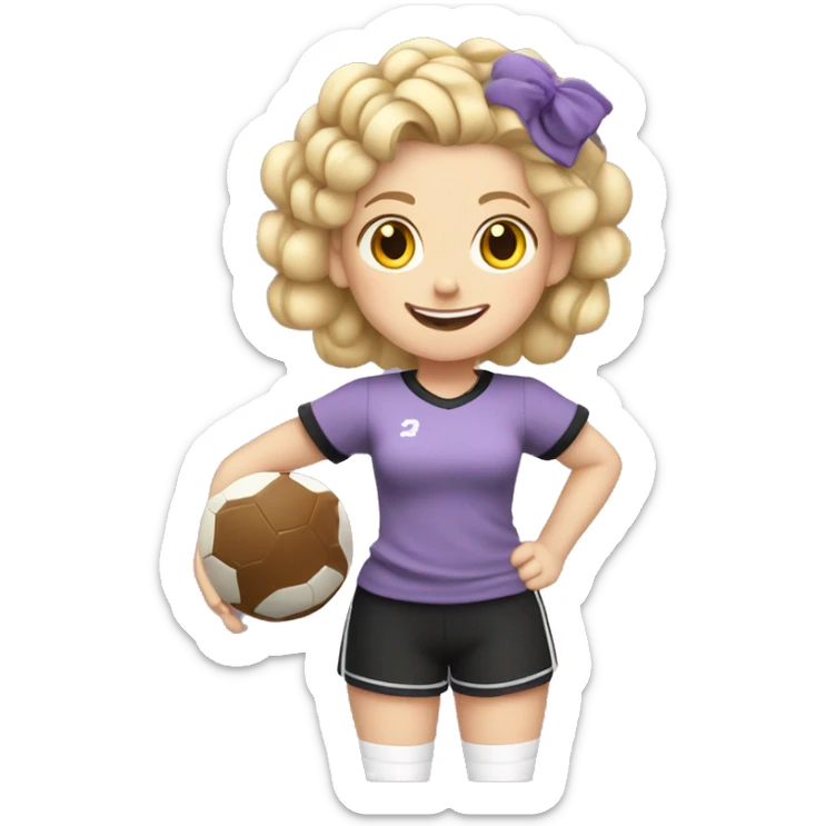 BLONDE GIRL WITH WHITE COMPLEXION WITH CURLERS PLAYING FOOTBALL SMILING WITH BRAIDS WITH LILAC AND BLACK T-SHIRT WITHOUT STRIPES FULL BODY WITH A BALL sticker