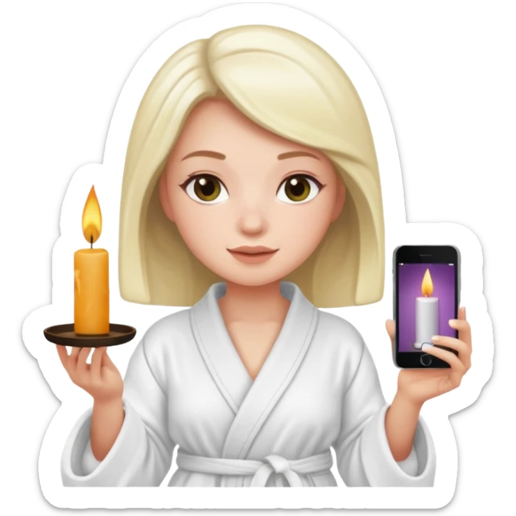 girl in a spa robe enjoying a scented candle, iPhone memoji style, white skin sticker