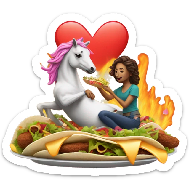 two women eating tacos, riding a unicorn surrounded, a neon heart that’s on fire sticker