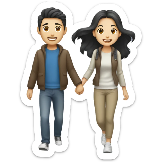 Cute Asian couple (girl with wavy long hair guy with short straight hair) excitedly traveling  sticker