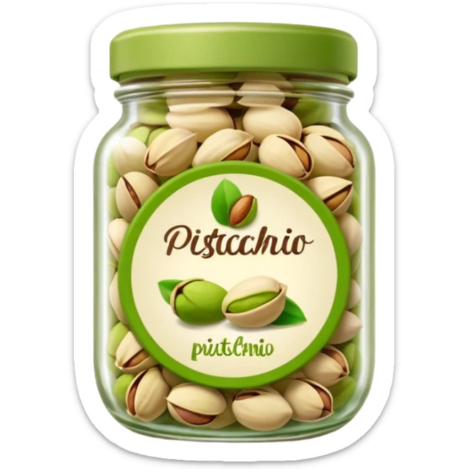 Pistachio spread in a jar with a printed label of a pistachio emoji sticker