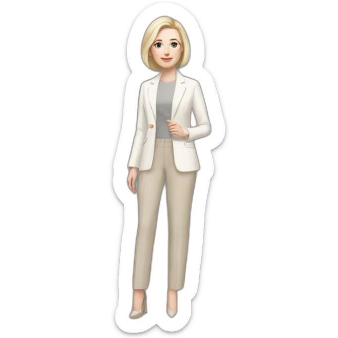 Full height pale skin woman with ash blonde Straightened bob Hair, White Spacious classical jacket, beige Arrow pants and gray blouse holding a color palette in the hands sticker