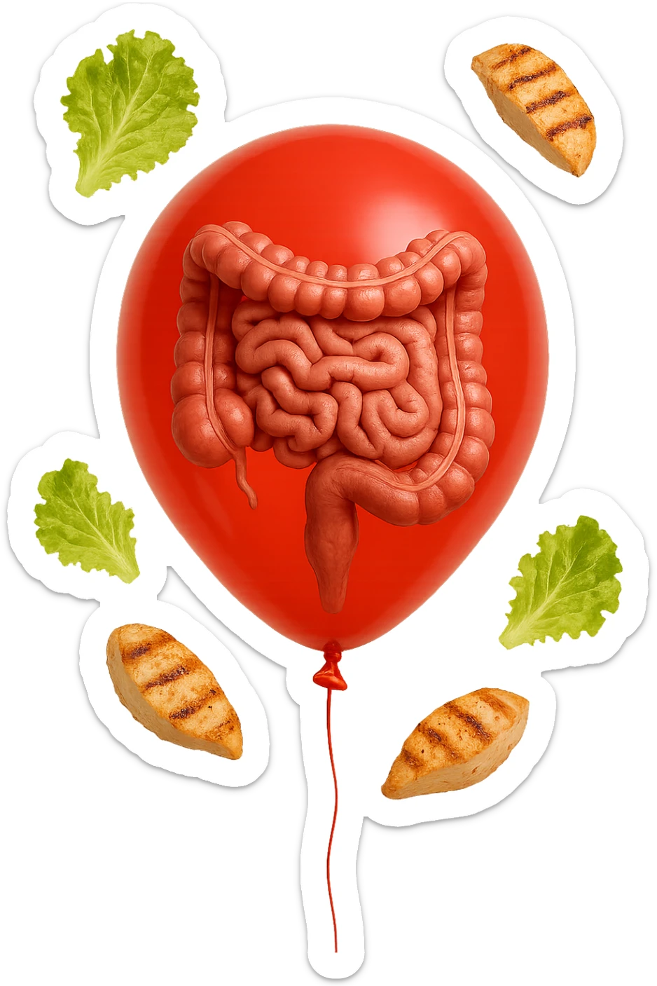 intestino anatomico realistico chiuso in un palloncino rosso e foglie di insalata e petto di pollo grigliato che fluttuano intorno sticker