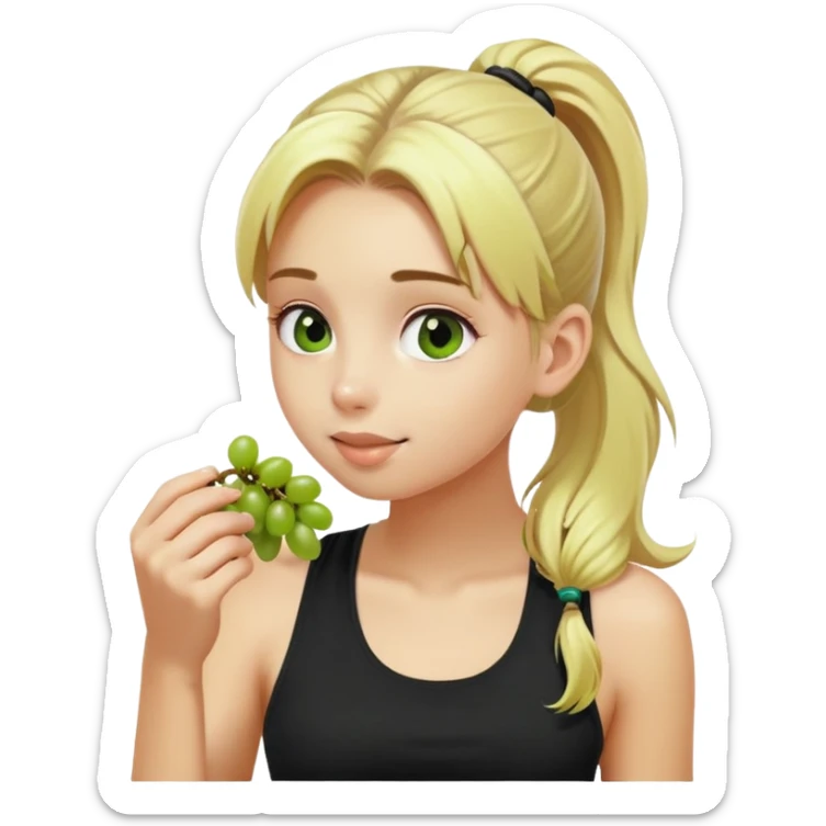 A blonde girl with a ponytail and a black tank top eating green grapes sticker