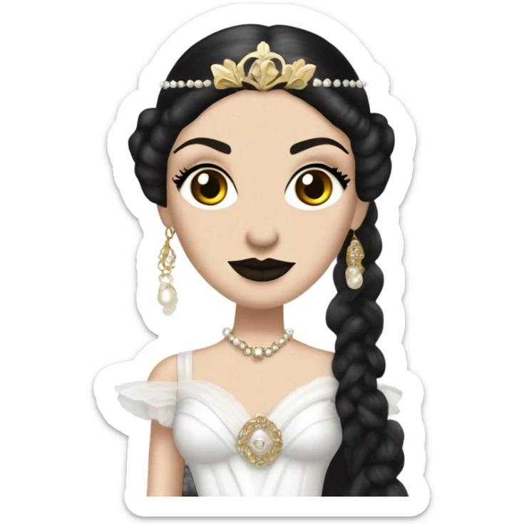 Tall realistic face teen Morticia Addams in as Princess Leia in ruffled pearl-white ballet ball gown with gold accents and accessories  sticker