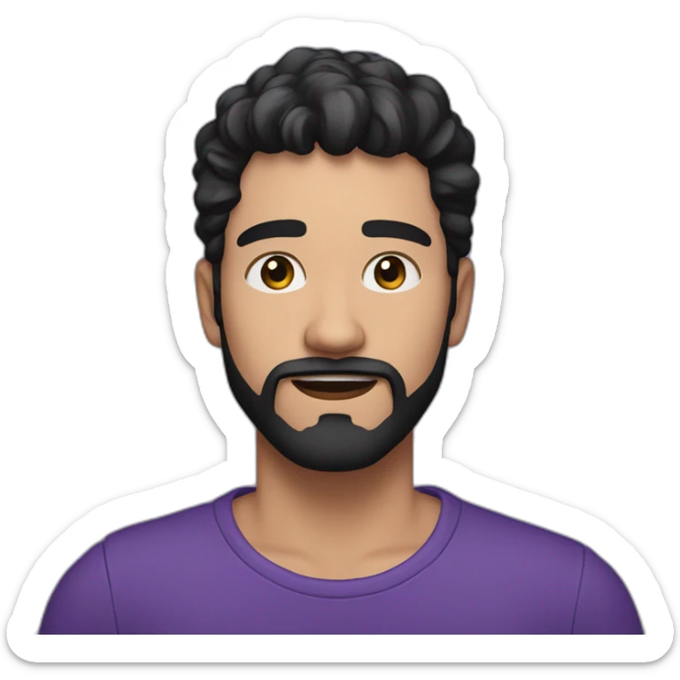 a 21 years old man white skin with low black hair and low black beard with purple shirt amazed sticker