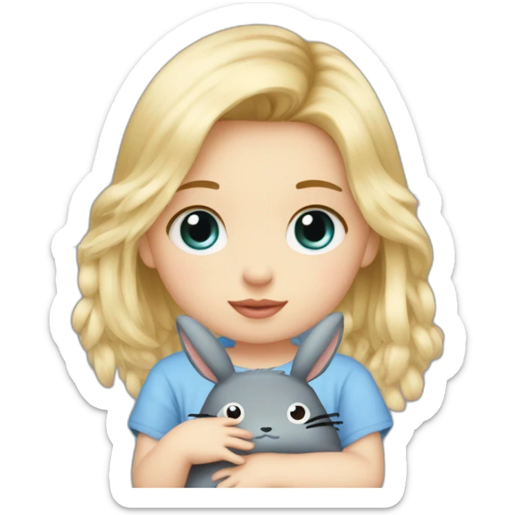 bébé fille blonde décoiffée aux yeux bleus avec une peluche Totoro  sticker