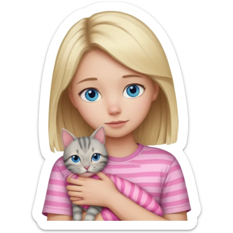Blonde girl with blue eyes in pink shirt cuddling with grey tabby cat with dark grey stripes sticker