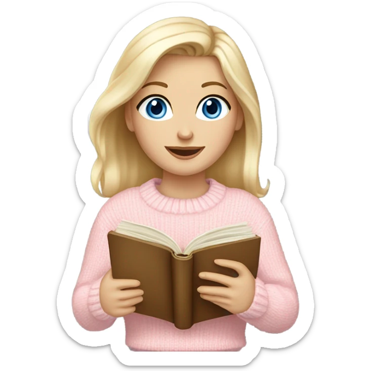 Pretty blue eyed white girl with light pink sweater reading cozy sticker