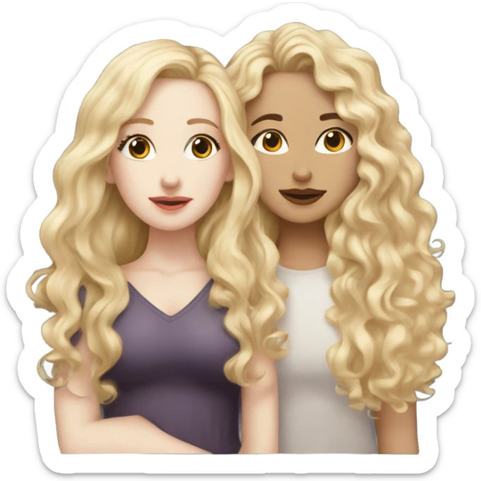 Woman with pale skin and curly blonde hair kissing woman with pale skin and long dark blonde hair sticker