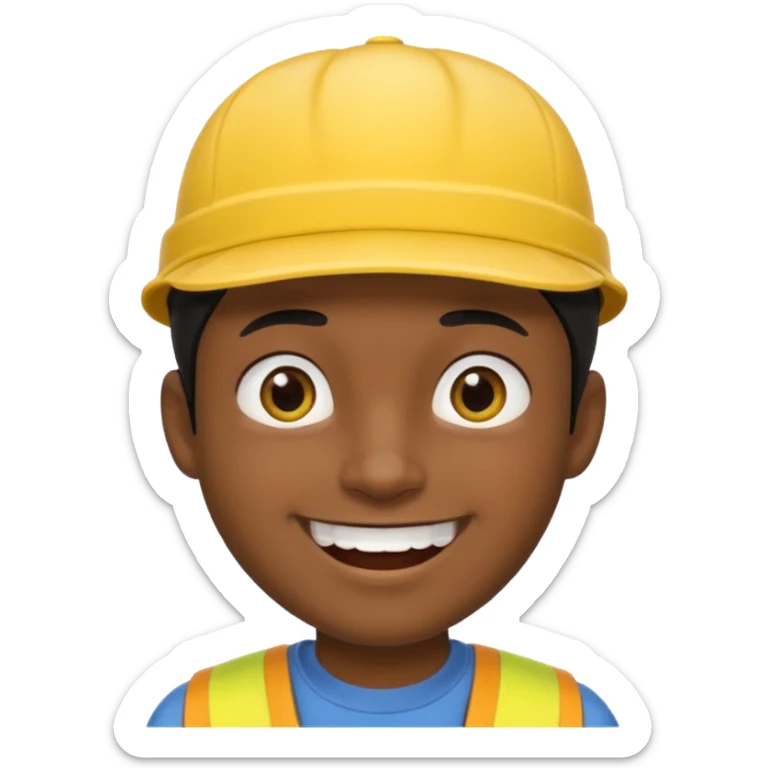 A man with dark skin tone, wearing a bright yellow cap, short black hair mostly covered by the cap, large brown eyes, and a wide smile showing his teeth. sticker