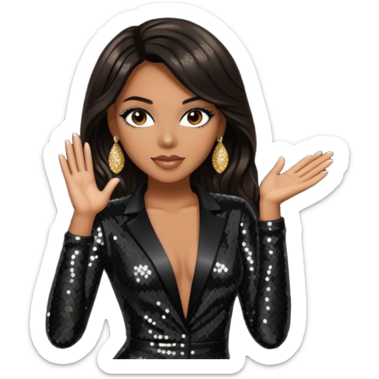 Monica Arnold, R&B Singer with long dark brown hair, black sequin outfit, tan skin sticker