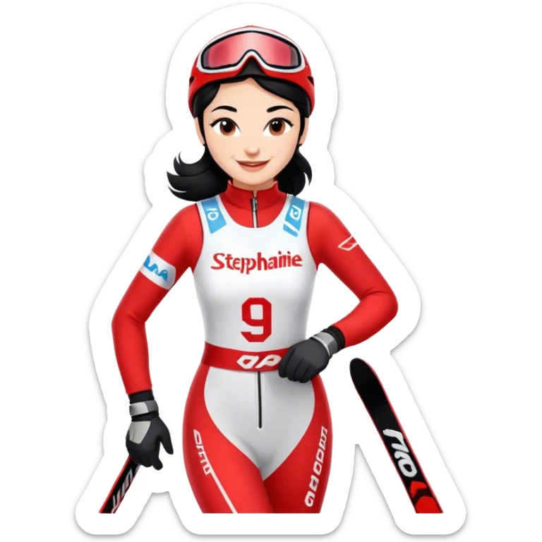 Ski racer woman red white dress with the name STEPHANIE on the dress black hair smile sticker
