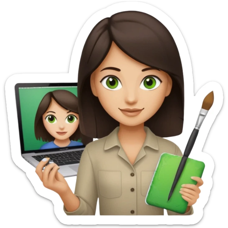 happy Graphic designer whit a MacBook, him eyes green color and dark brown hair, he is paint artist sticker