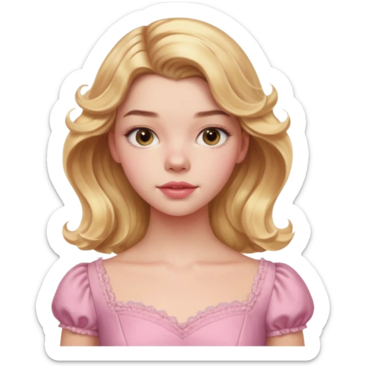 Cinematic Realistic Anya Taylor Joy Portrait, depicted with lifelike skin texture, subtle rosy undertones, and soft natural lighting that enhances the sweet blush contours of her face. Her intricately detailed golden blonde hair is elegantly wavy, and pink dress corquette sticker