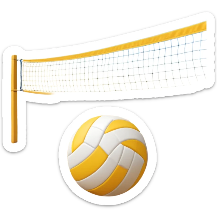 A volleyball resting on the yellow sand on a beach, with the net in the background and a scenic view of the ocean and sky. The scene captures the relaxed yet competitive vibe of beach volleyball, with warm sunlight and the natural beauty of the beach. sticker