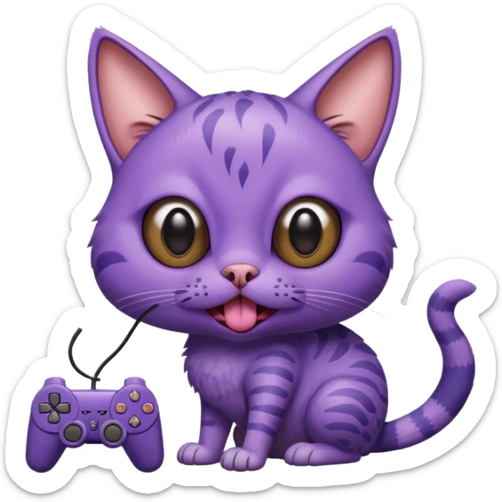 purple cat with huge eyes smelly lines and their massive brown tongue out also a playstation next to it and an ostrich on its back realistic sticker