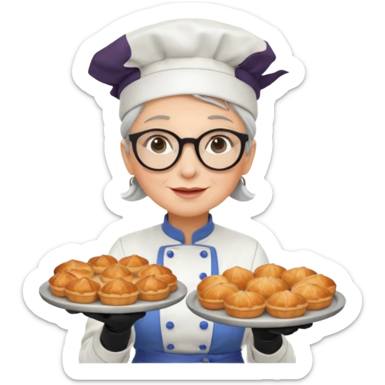 Older female pastry chef – round glasses, oven mitts on, holding a tray of pastries.

 sticker