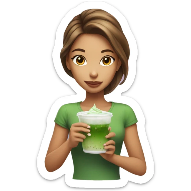 Beautiful girl with brawn hair holding cup of iced matcha  sticker