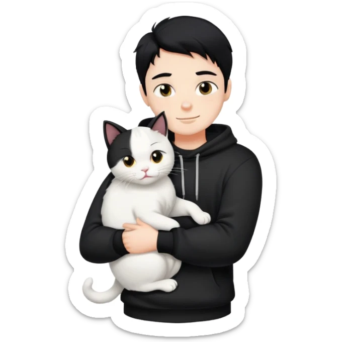 A bad boy with black hair wearing a sweatshirt happily hugs a white cat sticker