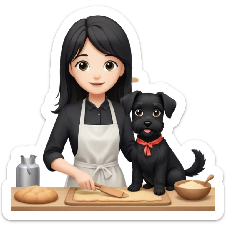 pale smiling girl baking with long back hair wearing black long shirt wearing apron holding black  schnauzer sticker