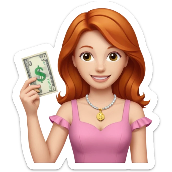 ginger hair Woman wearing pink dress holding dolar sticker