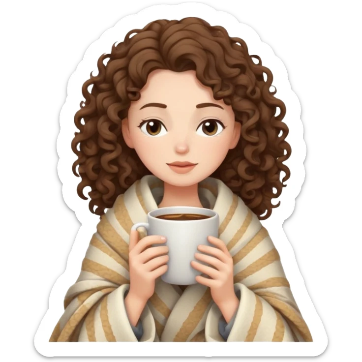 White girl with curly brunette hair wrapped in a cozy blanket sipping coffee with eyes closed peacefully sticker