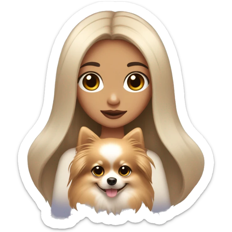 A girl with long black hair, light brown eyes, big lips, fair skin, holding a light pomeranian in her hands sticker