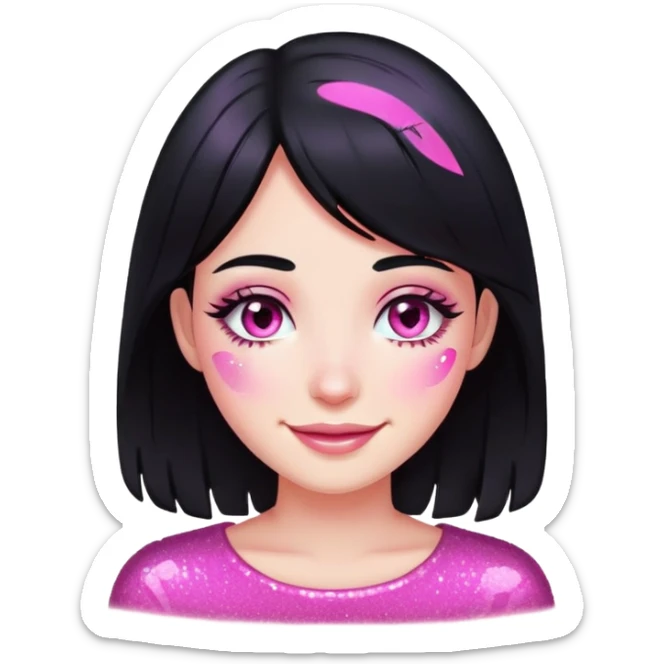 smiling girl with black hair, pink glitter tears, no heart eyes sticker