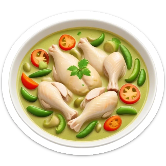 Cinematic Realistic Green Chicken Curry Dish Emoji, depicted with tender chicken simmered in a fragrant green curry sauce with vegetables rendered with rich textures and dynamic, vibrant lighting. sticker