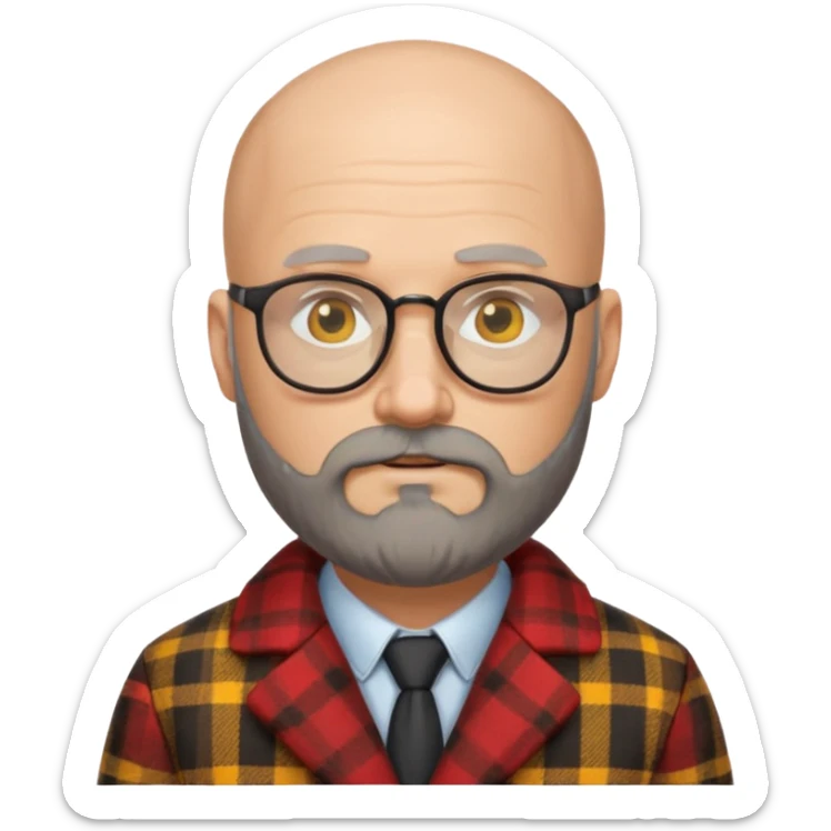 Un profesor calvo, que tenga barba abundante, lleva gafas con el cristal de color amarillo y un abrigo de cuadros rojo sticker